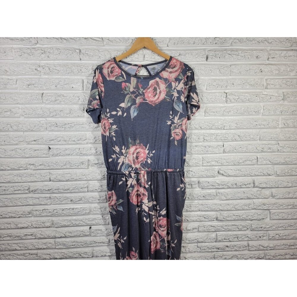 Tickled Teal Women Jumpsuit Extra Large XL Short Sleeve Gray Floral FLO190E